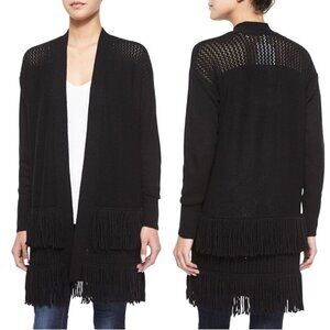 Rebecca Taylor Black Wool Fringe Open Knit Open Front Cardigan Sweater Size XS